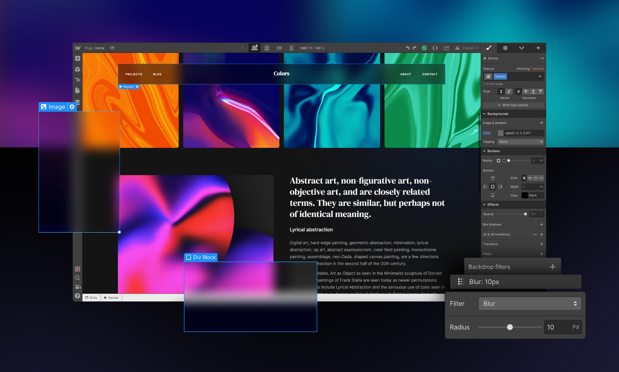 Create blurring and color effects with backdrop filters flow Features